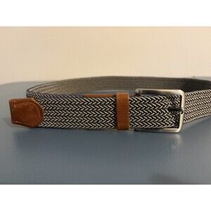 Tommy Bahama Belt Mens  34-36 Navy/Cream Woven Stretch Braided Leather Tips